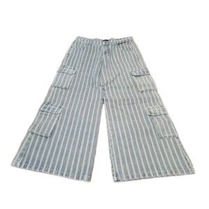 NWT Y2K Delia’s Dolls Kill Striped White Blue Flared Cargo Pants Jean Size 1X